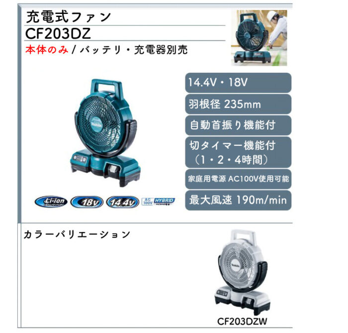 正規店 マキタ makita 充電式ファン 扇風機 CF203DZW 白 本体のみ 14.4V・18V対応 - 画像 (7)