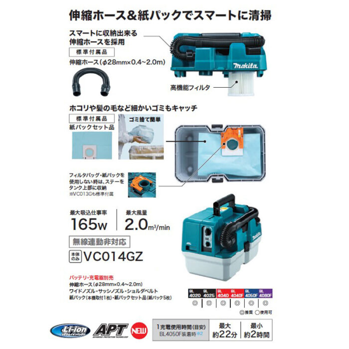 【正規店】 マキタ 充電式コンパクト集じん機 VC014GZ 乾湿両用 無線連動非対応 集じん容量 7.5L 40V バッテリ・充電器無し - 画像 (4)
