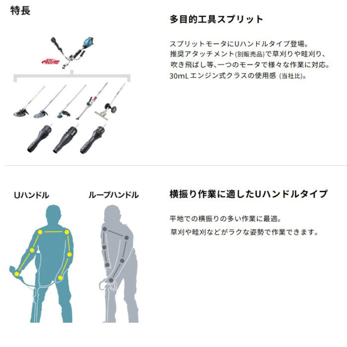 【正規店】草刈り 刈払 畝刈 ブロワ  Uハンドル コンパクト マキタ 充電式スプリットモータ MUX02GZ 40V - 画像 (3)