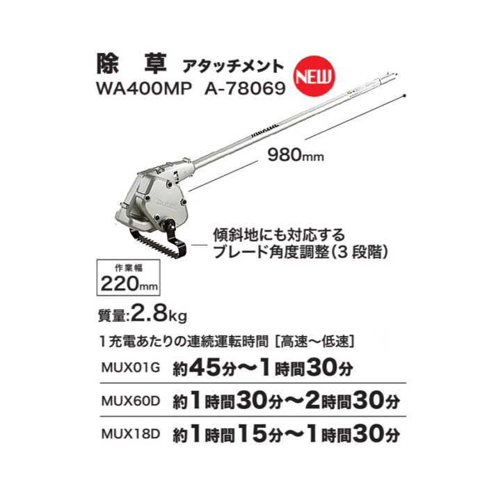 除草セット 正規店 マキタ 除草 18V充電式スプリットモータ MUX18DZ + 除草アタッチメント A-78069 WA400MP 作業幅220mm バッテリ・充電器別売 - 画像 (10)